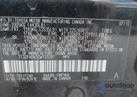 2012 Toyota Rav4 from USA, damaged, VIN 2T3ZF4DV3CW133287